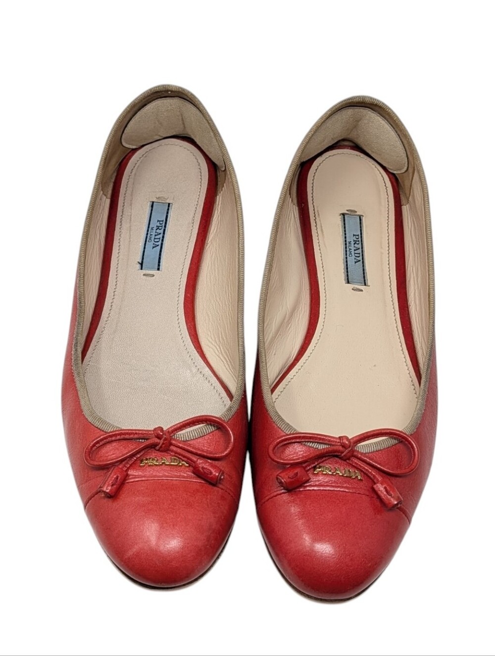 Prada Red Cap Toe Bow Leather Logo Ballerina Ballet Flats Size EU 40